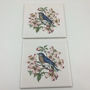 Vintage Midstate art tile trivet blue bird flowers 6 inches lot of 2 - Picture 1 of 7