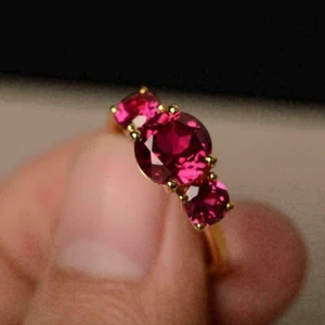 Round Cut 3.00 Ct Natural Ruby Diamond Engagement Ring 14K Yellow Gold - Picture 1 of 5