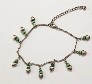 Dainty Silvertone Bracelet Heart Charms Green Cats Eye Bead Dangles Love Romance - Picture 1 of 5