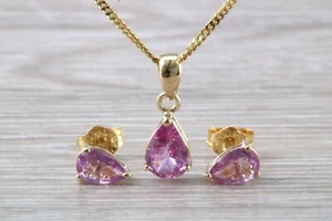 Pendientes y collar a juego de zafiro rosa corte gota lágrima en oro amarillo - Imagen 1 de 7