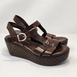 Born Menuda Brown Leather Platform Wedge Sandal Women Size 10M Ankle Strap - Picture 1 of 8