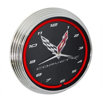 Reloj Corvette C8 Next Generation rojo neón 15 pulgadas de diámetro con borde cromado a... Foto 1 de 4