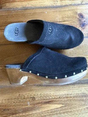 Zuecos de madera Ugg Abbie zapatos negro gamuza tacón talla 2 Foto 1 de 4