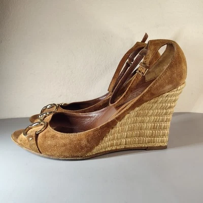 Gucci Horsebit Accent Brown Suede Espadrilles Wedge Sz 8 B - Image 1 of 4
