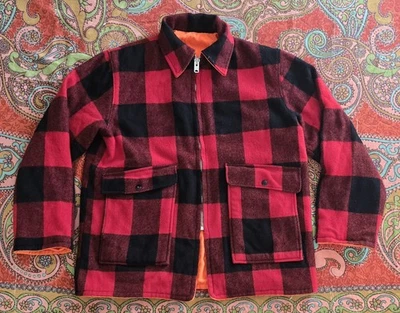 Chaqueta de caza de lana a cuadros Woolrich Buffalo de colección para hombre L reversible naranja Mackinaw Foto 1 de 4