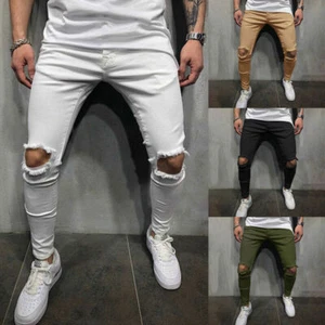 Men Fashion Ripped Skinny Denim Jeans Biker Slim Fit Long Harem Pants Trousers - Picture 1 of 16