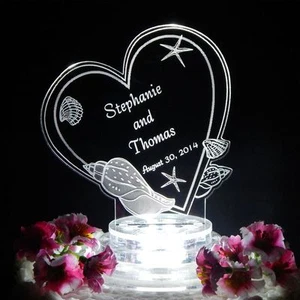 Seashell Heart Lighted Wedding CakeTopper Beach Custom LED Acrylic Personalized - Picture 1 of 5