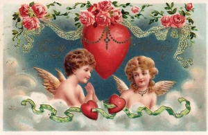 To My Valentine Cherubs with Roses & Hearts Vintage Valentine Postcard - Picture 1 of 2