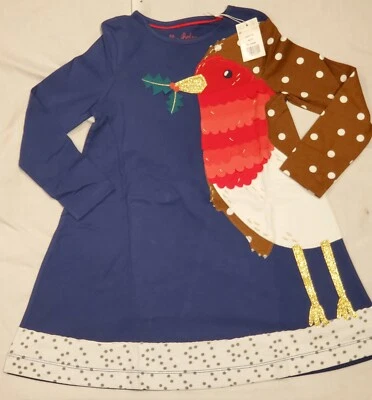 Mini Boden Festive Appliqué Jersey Dress Robin Blue NWT New 6-7 - Image 1 of 4