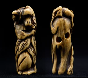 Stag Antler NETSUKE Monkey disguised in human Japanese Edo - Meiji Antique - Picture 1 of 12