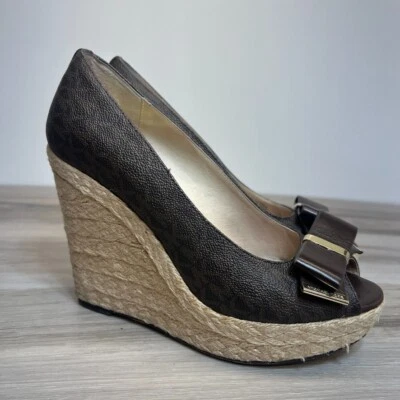 KORS BY Michael Kors Brown Logo Platform Wedge Espadrilles Sz 8M Peep Toe - Image 1 of 4