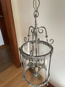 Vintage 19'H french style 3 light Hanging Hall Lantern w round glass - works - Picture 1 of 14