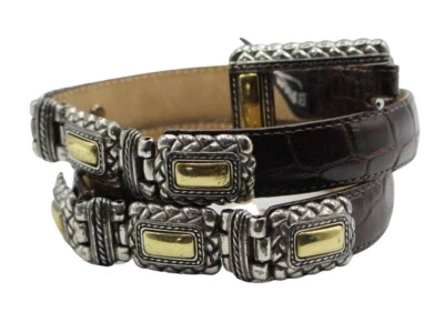 Brighton Brown Croc Grain Leather Silver Gold Hinged Belt #44209 Size M - Image 1 of 4