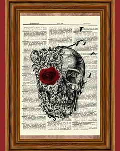 Gothic Totenkopf Wörterbuch Kunstdruck Bild Poster Rote Rose Rabe Poe Skelett - Bild 1 von 3