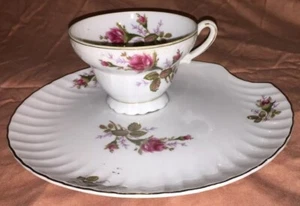 VTG 2pc MOSS ROSE FLORAL WHITE PORCELAIN SHELL LUNCHEON PLATE/CUP JAPAN 31/10A - Picture 1 of 11