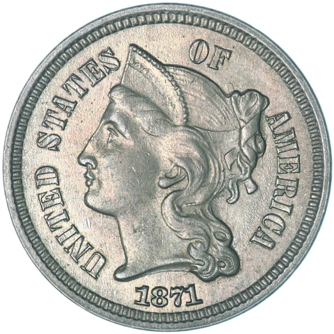 1871 (P) Three Cent Nickel Brilliant Uncirculated BU See Pics U428 Cover