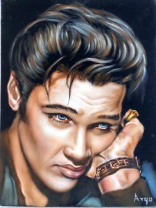 Thoughtful Elvis Presley de Argo, talla 18x24, óleo original sobre terciopelo negro - Imagen 1 de 13