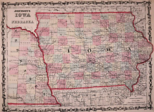 Old Antique 1861 Johnson's Atlas Map ~ IOWA - NEBRASKA ~ Free S&H
