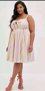 TORRID Mini Poplin Tie Front Skater Dress Plus Size Multi Stripe Pastel Size 2 - Picture 1 of 4