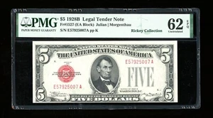 DBR 1928-B $5 Legal Fr. 1527 EA Block PMG 62 EPQ Serial E57925007A - Picture 1 of 2