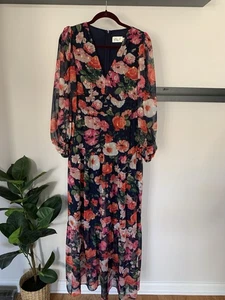 ELIZA J FLORAL CHIFFON MAXI LONG SLEEVE V NECK DRESS NWT $188, Size 6 - Picture 1 of 17