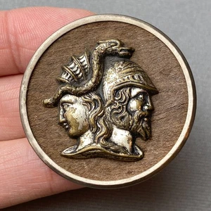 Antique Picture Button Minerva & Jupiter Wood Lg 1.5" Metal Shank & Enamel Back - Picture 1 of 8