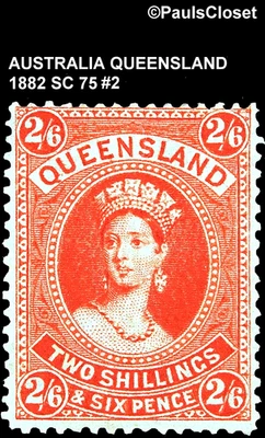 AUSTRALIA-QUEENSLAND 1882 SC 75 QUEEN VICTORIA VERMILLION 2/6p MHR #2 - Image 1 of 2