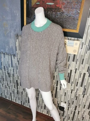 Free People Women's L She's a Keeper Knit Oversized Gray and Green Sweater 0294 - Image 1 of 4