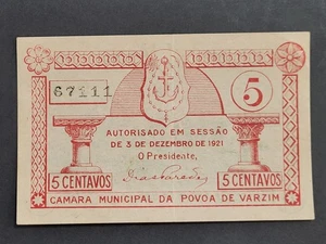 PORTUGAL EMERGENCY PAPER MONEY CAMARA MUNICIPAL POVOA VARZIM 5 CENTAVOS Notgeld - Picture 1 of 4