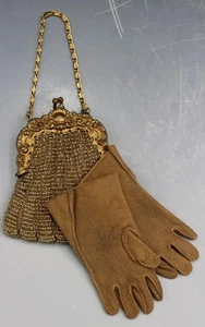 Antike Bostonia Perlen Puppen Handtasche mit Kinder Lederhandschuhen - Bild 1 von 10