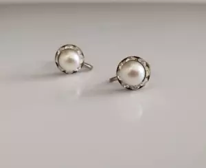 ART DECO OHRRINGE GROSSE PERLE WIE STRASS DIAMANT SCHRAUBVERSCHLUSS MODESCHMUCK - Bild 1 von 5