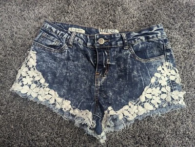 Pantalones Cortos Hot Kiss Juniors 9 Azul Lavado Ácido Encaje Dobladillo Jean Denim Foto 1 de 3