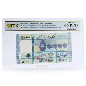 Lebanon 50K livres Red Arabic Overprint Cedar Tree PPQ66 PCGS UNC banknote 2019 - Picture 1 of 2