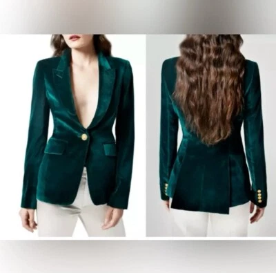 NWT SMYTHE Velvet Blazer Jacket Emrld Green Sz 10 Preppy Glam Country Club - Image 1 of 4