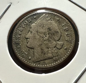 1897  DOMINICAN REPUBLIC SILVER 20 CENTAVOS COIN - Picture 1 of 2