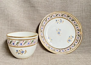 Antique c1790s George III Royal Derby Cornflower Rare Gilt Bands Tea Bowl Saucer - Picture 1 of 24