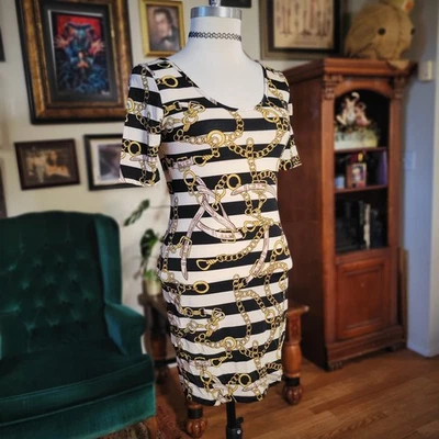 Vestido Cherish Mujer Negro Blanco Rayas Dorado Estampado Cadena Manga Corta M Foto 1 de 4