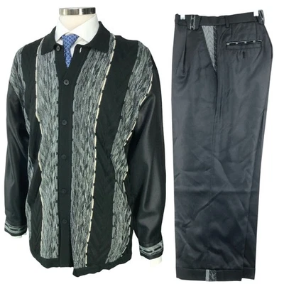 Conjunto Camisa Pantalones Seda Plateada Botón Cuello Frontal Para Hombre M Negro Gris Tejido Vestido Foto 1 de 4
