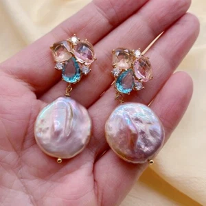 Genuine Freshwater Purple Pearl 21mm Dangle Stud Earrings For Women Nice Gift - Picture 1 of 6