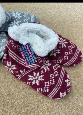 RJM Accessories Ladies Non Skid Knitted Slippers Grey Wine Soft Comfort Indoor