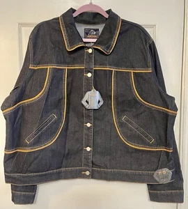 NWT CREST JEANS Women’s Plus 3x Dark Denim Jean Jacket Pockets Neon Orange Trim - Picture 1 of 14