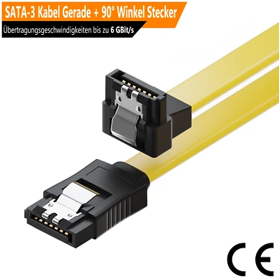 SATA-3 Kabel HDD SSD Datenkabel Gerade + 90° Winkel Stecker SATA 3 mit Clip Gelb - Bild 1 von 4