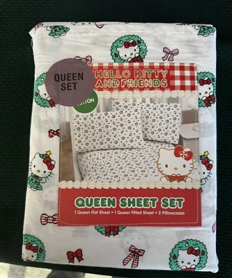 Nuevo Juego de Sábanas Hello Kitty Navidad Arco Corona Reina 4 Piezas Algodón Sanrio Vacaciones Foto 1 de 3