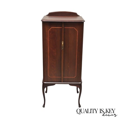 Antique Art Nouveau Mahogany 2 Door Sheet Music Cabinet with Inlay Cover