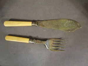 ANTIQUE ANTIQUE CELLULOID SILVERPLATED ENGLISH 2 PC EMBOSSED SERVICE FORK KNIFE - Picture 1 of 7