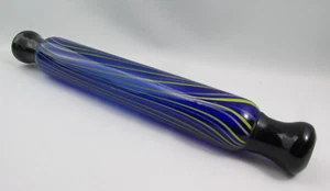 Vintage Hand Blown Art Glass Cobalt Blue Rolling Pin Yellow & White Swirl Design - Picture 1 of 7