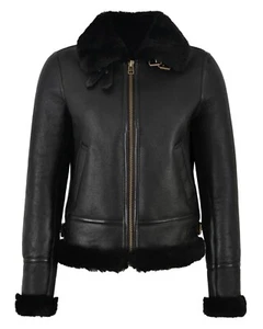 Chaqueta de cuero de oveja genuina de piel de oveja de piel de oveja negra para mujer - Imagen 1 de 2