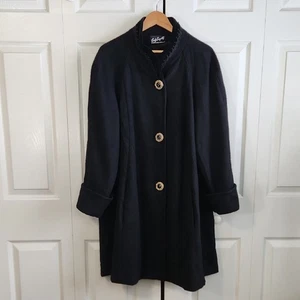 Vintage Lady Suzette Black Long Wool Blend Coat Size 2X Gold Buttons Velvet Lace - Picture 1 of 13