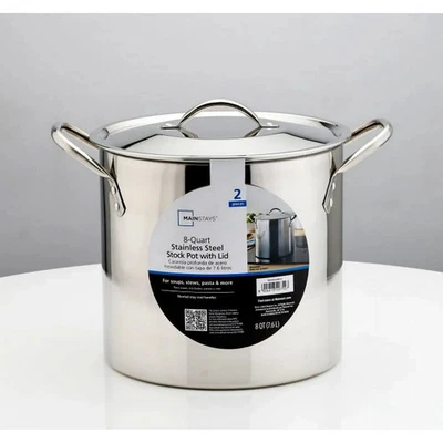 8-Qt Stainless Steel Stock Pot with Metal Lid, Ultra Durable, Stay-Cool Handles