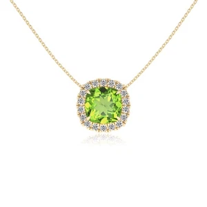 Natürliche Peridot Kissen Solitär Anhänger Halskette für Frauen (Silber, Platin) - Bild 1 von 24